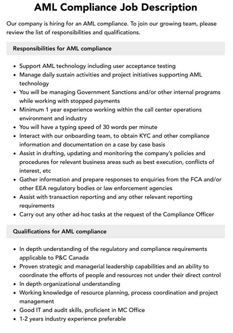 aml compliance officer job description